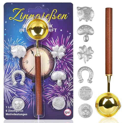 iZoeL Zinngießen Silvestergießen mit 6 Zinnfiguren 1 Löffel Anleitung Orakelheft, Zinn Set zu gießen für Silvester Partyspiele Silvesterbrauch Wahrsagerei-Partyspiel von iZoeL