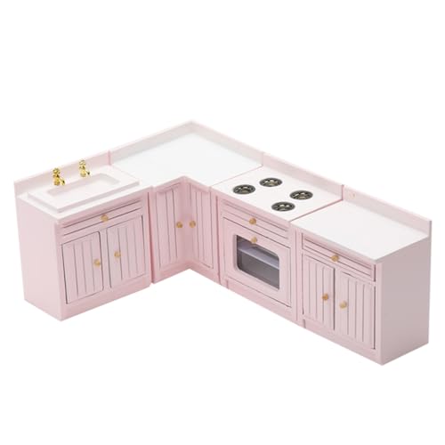 ibasenice 1 Satz Puppenhausküche Vierteiliges Set Miniatur Häuser Möbel Minischrank Mini-hausmodell Holzschrank Miniküche Spielhaus Rosa Hölzern von ibasenice