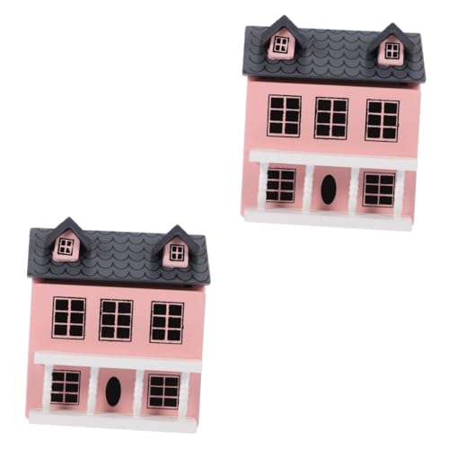 ibasenice 2St Puppenhaus Miniaturhaus holzhaus Desktop-Dekoration spielzeughaus Mini-Villa-Gebäude Mini-Hausmodell Puppenhäuser Mikrolandschaftsornament Mini-Villa aus Holz Birke Rosa von ibasenice