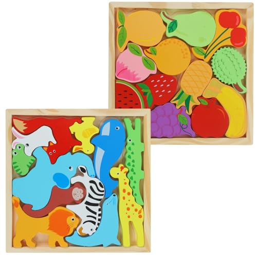 ibasenice 2er Set Holzpuzzle Für Kleinkinder Lernspielzeug Mit Bunten Waldtieren Und Früchten Pädagogisches Für Frühes Lernen Und Matching Spiele von ibasenice