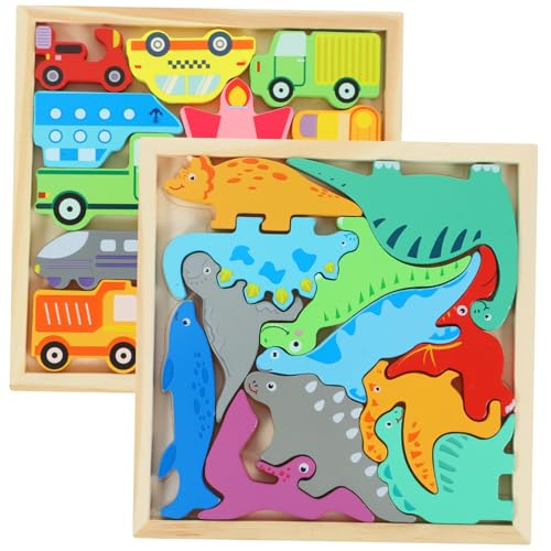 ibasenice 2er Set Holzpuzzle Für Pädagogisches Farbenfrohes Cartoon Puzzle Mit Dinosauriern Und Fahrzeugen Lernspielzeug Für Ab 3 Jahren Holzspielzeug Zur Von Logik Und von ibasenice