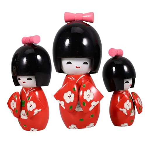 ibasenice 3St Kimono Puppen Puppe Leute aus dem Puppenhaus Künstlicher Kirschblütenbaum Figur holzspielzeug holzpuppe japanische traditionelle Puppe Miniatur-Kimono-Puppe hölzern rot von ibasenice