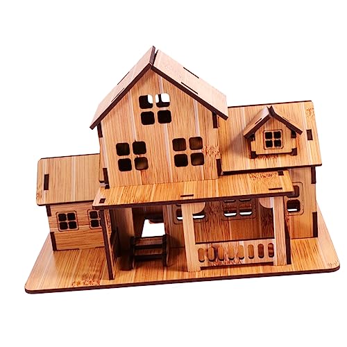 ibasenice Montagehaus aus Holz Mini- DIY Mini-Haushandwerk winziges selber Machen Spielzeug büro Dekoration Toy Puzzlematte hölzernes DIY-Hausmodell Modellbau aus Holz Bambus Khaki von ibasenice