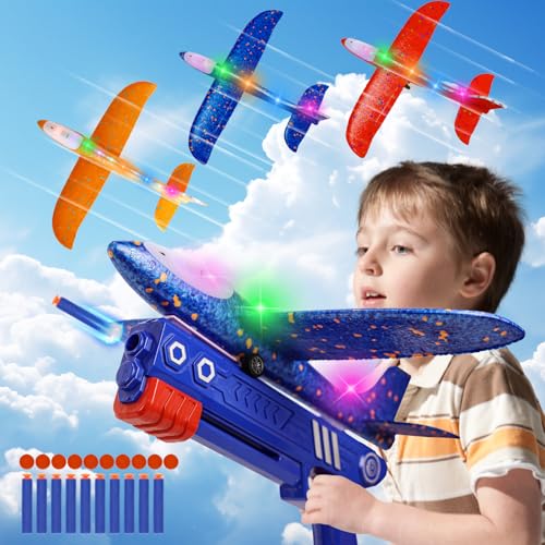 ideallife Flugzeug Spielzeug für Kinder, 3 Stück Wurfgleiter mit 1 Katapult Pistole, Kinderspielzeug, Segelflugzeug Kinder LED Flugzeugbausätze, Geschenk für Jungen und Mädchen Spiele Kugel von ideallife