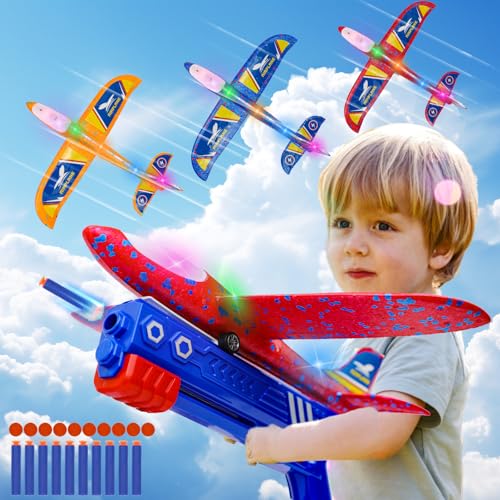 ideallife 3 Stück Flugzeug Spielzeug für Kinder - 3 Styroporflieger Wurfgleiter mit 1 Katapult Pistole - Blinkende LED-Lichter Schaumstoff Flug Gleiter für Kindergeburtstag von ideallife