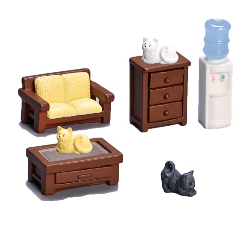 ieron Simulation Wohnzimmer Set Miniatur Doppel Sofa Tisch Schrank Katzen Wasserspender Kombination für Puppenhaus Dekoration von ieron