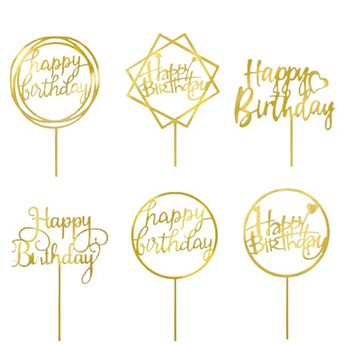 6PCS Gold Happy Birthday Cake Toppers - Glitter Acrylic Birthday Cake Topper Decoration in 6 Styles for Adults Kids Boys Girls Birthday Cake Decoration von iewrtcin