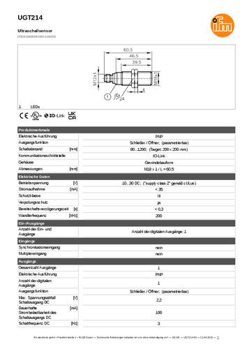 Ifm Electronic UGT214 Ultraschalltaster UGT214 PNP 1St. von ifm Electronic