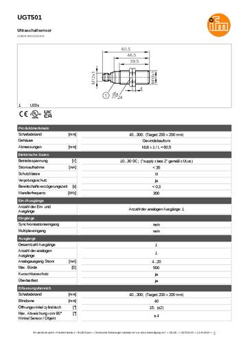 Ifm Electronic UGT501 Ultraschalltaster UGT501 1St. von ifm Electronic