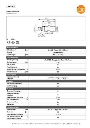 Ifm Electronic UGT502 Ultraschalltaster UGT502 1St. von ifm Electronic