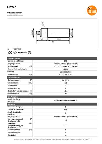 Ifm Electronic UIT500 Ultraschalltaster UIT500 PNP 1St. von ifm Electronic