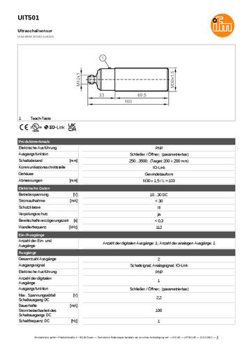 Ifm Electronic UIT501 Ultraschalltaster UIT501 PNP 1St. von ifm Electronic