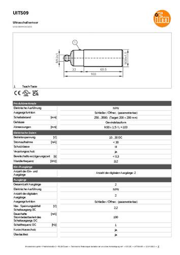 Ifm Electronic UIT509 Ultraschalltaster UIT509 NPN 1St. von ifm Electronic