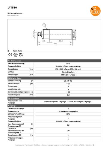 Ifm Electronic UIT510 Ultraschalltaster UIT510 NPN 1St. von ifm Electronic