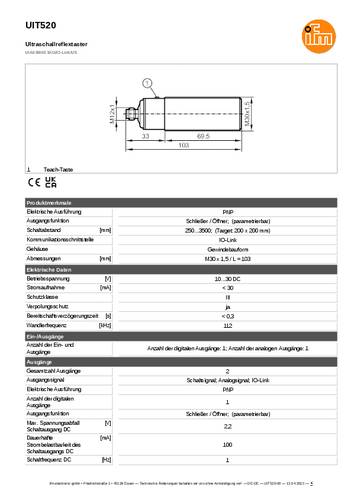 Ifm Electronic UIT520 Ultraschalltaster UIT520 PNP 1St. von ifm Electronic