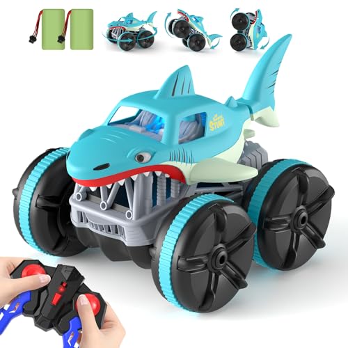 ifollower Amphibious Ferngesteuertes Auto, 360°Flip Stunt RC Auto Amphibienfahrzeug in Hai Optik, 4WD mit LED Licht Monstertruck, Maßstab 1:14 mit 2 Akkus, Geschenke für Kinder ab 3 Jahren von ifollower