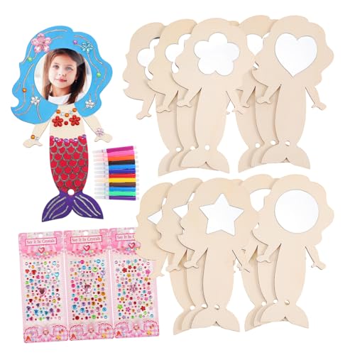 ifundom Meerjungfrau Handspiegel Handgemachtes Jungen Und Mädchen Spielzeug Prinzessin Spiegel Bastelset Party Favor Dekorativer Holzspiegel von ifundom