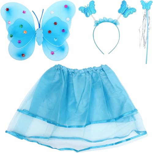 ifundom 1 Satz feeflügeln Fairy Wand kinderkostüme Party mitgebsel stirntuch Schmetterlings-Fee-Kostüm Mädchen Schmetterlingsrock-Requisiten Schmetterlings-Kostümset Eisendraht Blue von ifundom