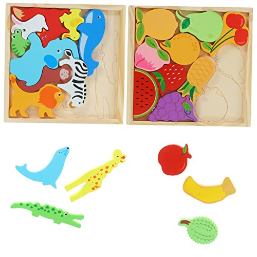 ifundom Wooden Toys 2er Set Lernspielzeug Holzpuzzle Für Kleinkinder Lustiges Holzspielzeug Mit Bunten Waldtieren Und Früchten Pädagogisches Puzzle Für Ab 2 Jahren Fördert Kreativität Und von ifundom