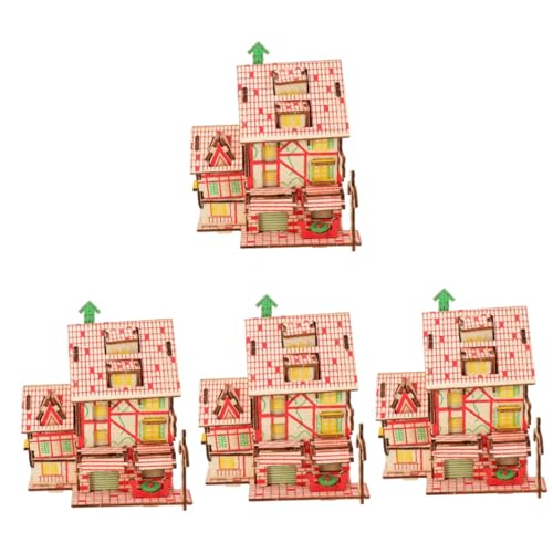 ifundom 4 Sätze Puzzle Rätsel Mini- -Bausatz Puppenhaus-Modell 3D-Gebäuderätsel Spielzeug für Kinder Geburtstagsgeschenk spaß 3D-Rätsel Zusammenbau eines Holzhausmodells hölzern von ifundom