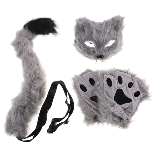 ifundom Halloween-Maske Stofftiermaske Katze Fuchs Maske Wolfsmaske Cosplay-Fuchsmaske Katzenpelzmaske Maskenball Plüsch Maske Hundemaske Fuchsschwanz Wolfsschwanz und Ohren Kunstpelz Grey von ifundom