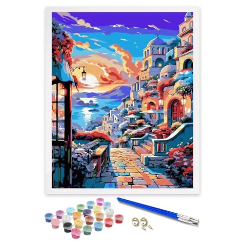 ifymei Malen nach Zahlen für Erwachsene, DIY-Geschenk-Kunst-Kits mit Pinsel und Acryl-Pigment, 40 x 50 Zentimeter Seaside Stadt Zeichnung Malerei [ohne Rahmen] von ifymei