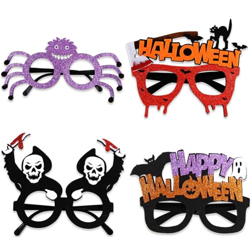 ihreesy 4 Stück Halloween Brille Dekorationen,Party Brillen Spinnennetz Spinnen Skelett Fledermaus Brille Halloween Kostüme Zubehör Foto Booth Requisiten für Kinder Erwachsene Halloween Karneval von ihreesy