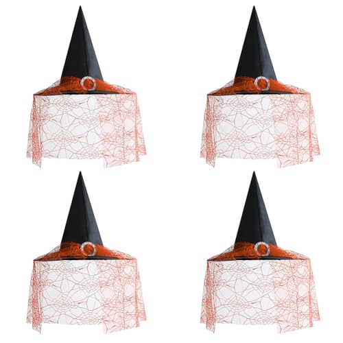 ihreesy 4 Stück Halloween Hexenhüte, Halloween Schwarzer Hexenhut Schleierhut Hexenkostüm Zubehör Spitzhut Zaubererhut Krempe Hexenschleierhut für Kinder Erwachsene Halloween Cosplay Kostümparty von ihreesy