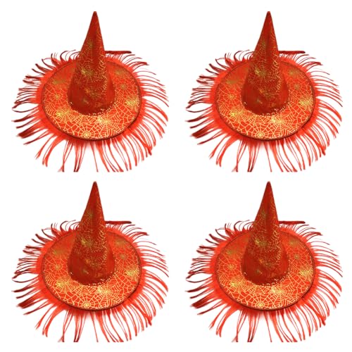 ihreesy 4 Stück Halloween Hexenhut, Halloween Schwarzer Hexenhut Hexenkostüm Zubehör Spitzhut mit Haarquaste Zaubererhut Krempe Spitzmütze für Kinder Erwachsene Halloween Cosplay Kostümparty von ihreesy