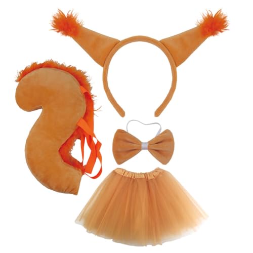 ihreesy 4 teiliges Tier Eichhörnchen Kostüm Set,Tier Kostüm Set inklusive Tutu Rock, Ohren Haarreifen, Schwanz,Fliege Kostüm-Set Eichhörnchen Kostüm Tutu Rock Set für Kinder Halloween Requisiten von ihreesy