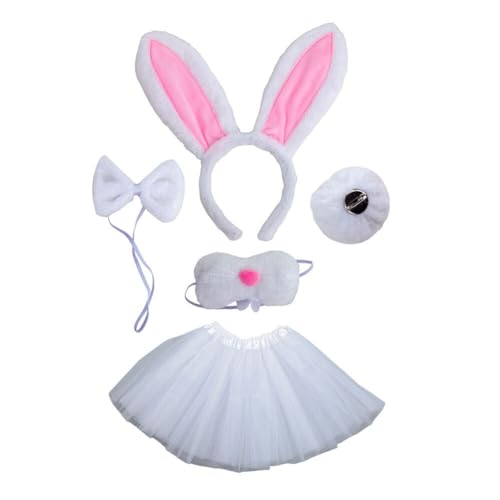 ihreesy 5 teiliges Kostüm Set Hase,Hasenkostüm Set Kinder Kostüm inklusive Tutu Rock,Hasenohren Haarreifen,Schwanz,Fliege,Nase Tier Kaninchen Kostüm Set Party Zubehör für Kinder Halloween Fasching von ihreesy