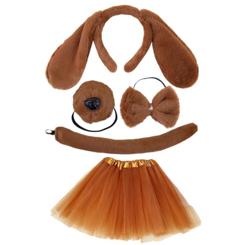 ihreesy 5 teiliges Tier Kostüm Set,Welpen Kostüm-Set inklusive Tutu Rock,Ohren Haarreifen, Schwanz,Fliege,Nase Kinder Tier Kostüm Set Zubehör Set Hund Kostüm Set für Kinder Halloween Requisiten von ihreesy