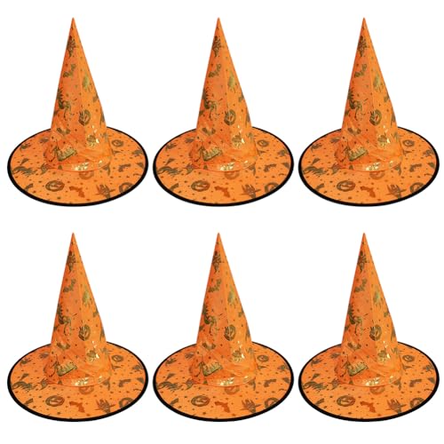 ihreesy 6 Stück Halloween-Hexenhut, Halloween Schwarzer Hexenhut Hexenkostüm Zubehör Spitzhut Sterne Zaubererhut Krempe Spitzmütze Hüte Witch Hat für Kinder Erwachsene Halloween Cosplay Kostümparty von ihreesy