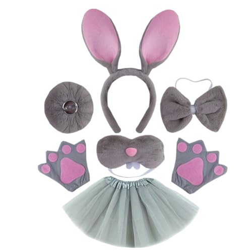 ihreesy 6 teiliges Hasenkostüm Set Kinder,Tier Kostüm Set Kostüm inklusive Tutu Rock,Hasenohren Haarreifen,Schwanz,Fliege,Hasennase,Handschuhe Kostüm Party Zubehör für Kinder Halloween Fasching von ihreesy