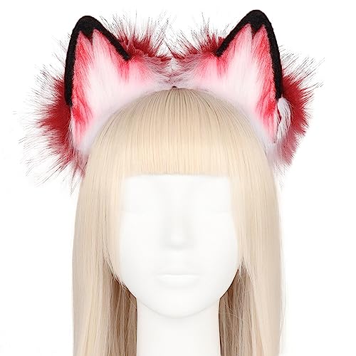 ihreesy Plüsch Wolfsohren Haarreif, Flauschig Tier Haar Hoop Kunstfell Wolfsohren Stirnband Realistisch Haarschmuck Stirnband Haarnadel Cosplay Haarband Zubehör für Karneval Wolfskostüm,Rot Weiß von ihreesy