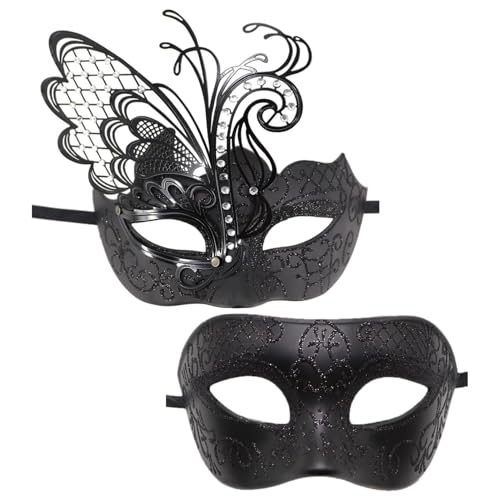 iiniim 2Pcs Venezianische Masken mit Schmetterling Deko Glänzend Maskerade Maske Halbgesicht Maske Couple Maske Cosplay Karneval Mottoparty Prom Schwarz One Size von iiniim