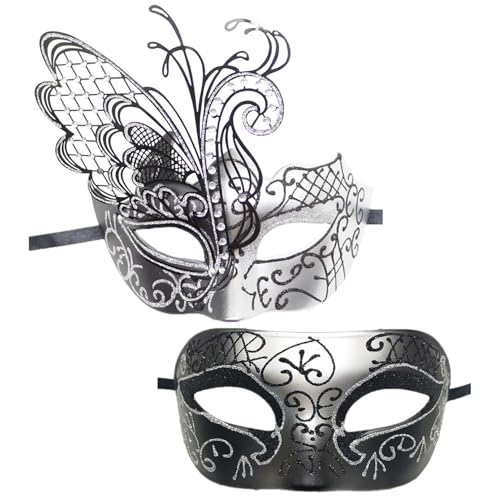 iiniim 2Pcs Venezianische Masken mit Schmetterling Deko Glänzend Maskerade Maske Halbgesicht Maske Couple Maske Cosplay Karneval Mottoparty Prom Silber One Size von iiniim