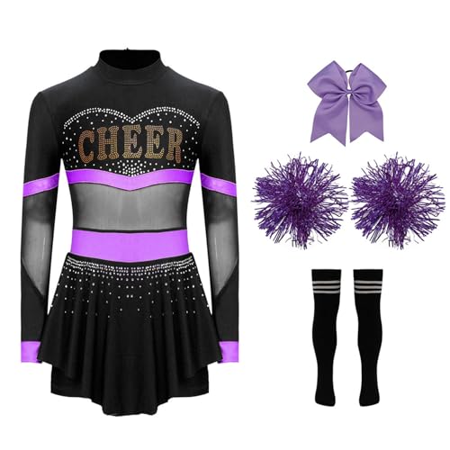 iiniim 4Pcs Mädchen Cheer Leader Kostüm Set Cheerleading Uniform Langarm Cheer Kleid mit Pompoms Socken Haarband Schule Feiertag Show Tanzkostüm B Lila&Schwarz 134-140 von iiniim