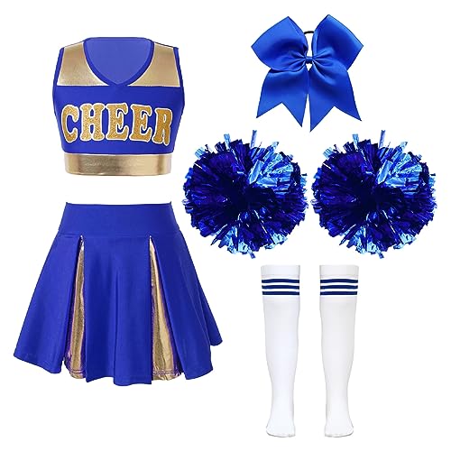 iiniim 5Pcs Mädchen Cheer Leader Kostüm Ärmellos Cheer Crop Tops mit Rock Pompoms Socken Cheerleading Uniform Schule Feiertag Show Tanzkostüm A Blau 122-128 von iiniim