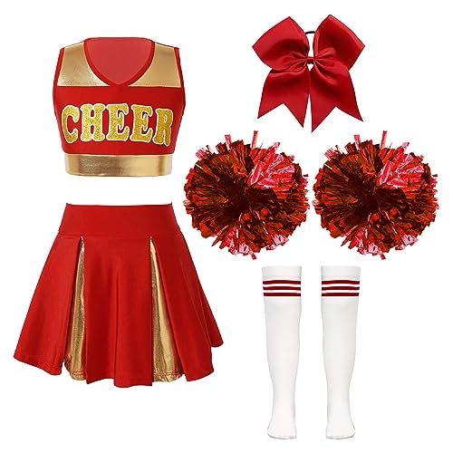 iiniim 5Pcs Mädchen Cheer Leader Kostüm Ärmellos Cheer Crop Tops mit Rock Pompoms Socken Cheerleading Uniform Schule Feiertag Show Tanzkostüm A Rot 134-140 von iiniim