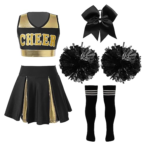 iiniim 5Pcs Mädchen Cheer Leader Kostüm Ärmellos Cheer Crop Tops mit Rock Pompoms Socken Cheerleading Uniform Schule Feiertag Show Tanzkostüm A Schwarz&Weiß 146-152 von iiniim