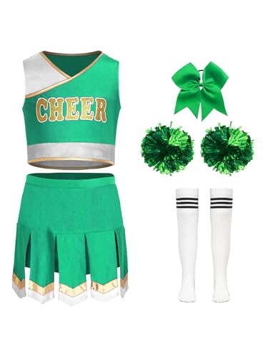 iiniim 5Pcs Mädchen Cheer Leader Kostüm Cheerleading Uniform Crop Tops mit Rock Pompoms Socken Halloween Karneval Fasching Grün 110-116 iiniim 5Pcs Mädchen Cheer Leader Kostüm Cheerleading Uniform Crop Tops mit Rock Pompoms Socken Halloween Karneval Fasching Grün 110-116 von iiniim