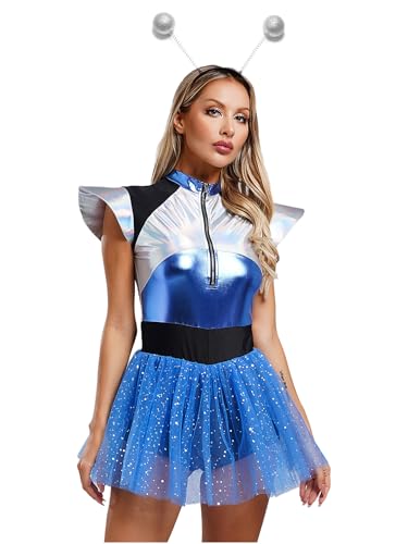 iiniim Damen Alien Kostüm Glänzend Metallic Kleid mit Haarband Tüllkleid Space Girl Kleid Weltall Astronauten Kostüm Halloween Karneval Faschingskostüme Blau L von iiniim