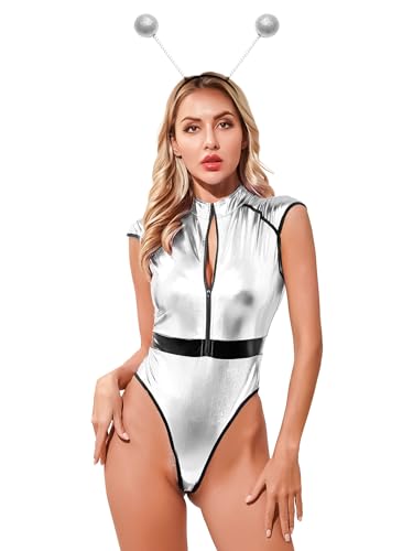 iiniim Damen Alien Kostüm Metallic Body Overall mit Haarreif Weltall Astronauten Kostüm Space Girl Kostüm Karneval Fasching Tanzkostüm Silber L von iiniim