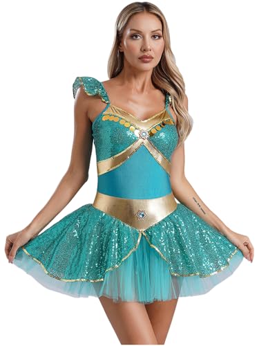 iiniim Damen Bauchtanz Kostüm Araber Prinzessin Kleid Glänzend Pailletten Kleid Bauchtänzerin Tanzbody Overall Show Tanzkostüm Türkis XXL von iiniim