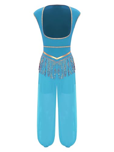 iiniim Damen Bauchtanz Kostüm Brustfrei Body Overall mit Pailletten Jumpsuit Arabische Prinzessin Kostüm Orientalische Indische Tanzkleidung Blau L von iiniim