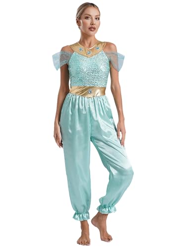 iiniim Damen Bauchtanz Kostüm Glitzer Body Overall Jumpsuit Bauchtänzerin Orientalische Indische Verkleidung Karneval Fasching Party Tanzkleidung Minzgrün 3XL von iiniim