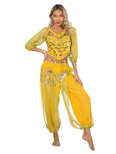 iiniim Damen Bauchtanz Kostüm Langarm Tops + Haremhose Orientalische Indische Bauchtänzerin Tanzkleidung Halloween Fasching Karneval Party Outfits Gelb Einheitsgröße von iiniim