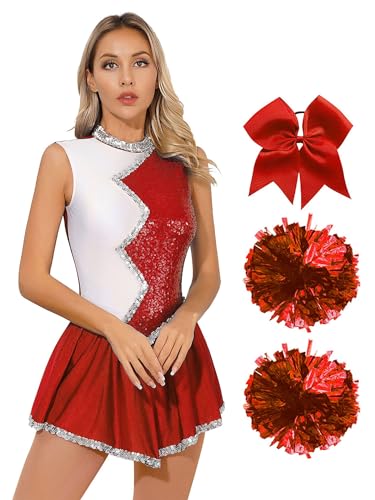 iiniim Damen Cheer Leader Cheerleading Kostüm Glitzer Kleid mit Pompoms Haarband Schulmädchen Uniform Halloween Karneval Fasching Rot L von iiniim