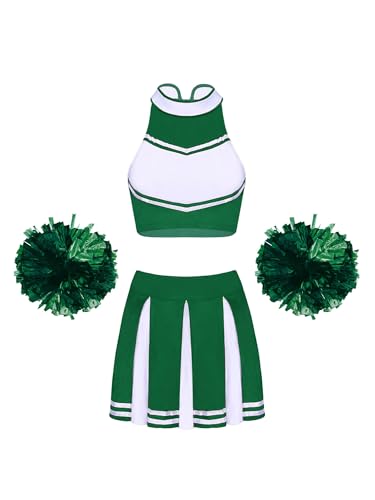 iiniim Damen Cheer Leader Kostüm Cheerleading Uniform Crop Tops mit Rock Pompoms Tanzkleid Halloween Karneval Fasching Kostüm Grün L von iiniim